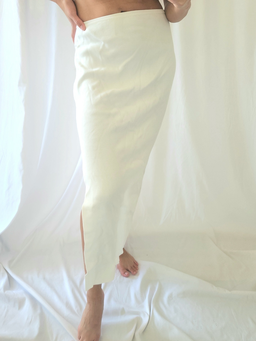 Cream Maxi Pencil Skirt with Side Slit